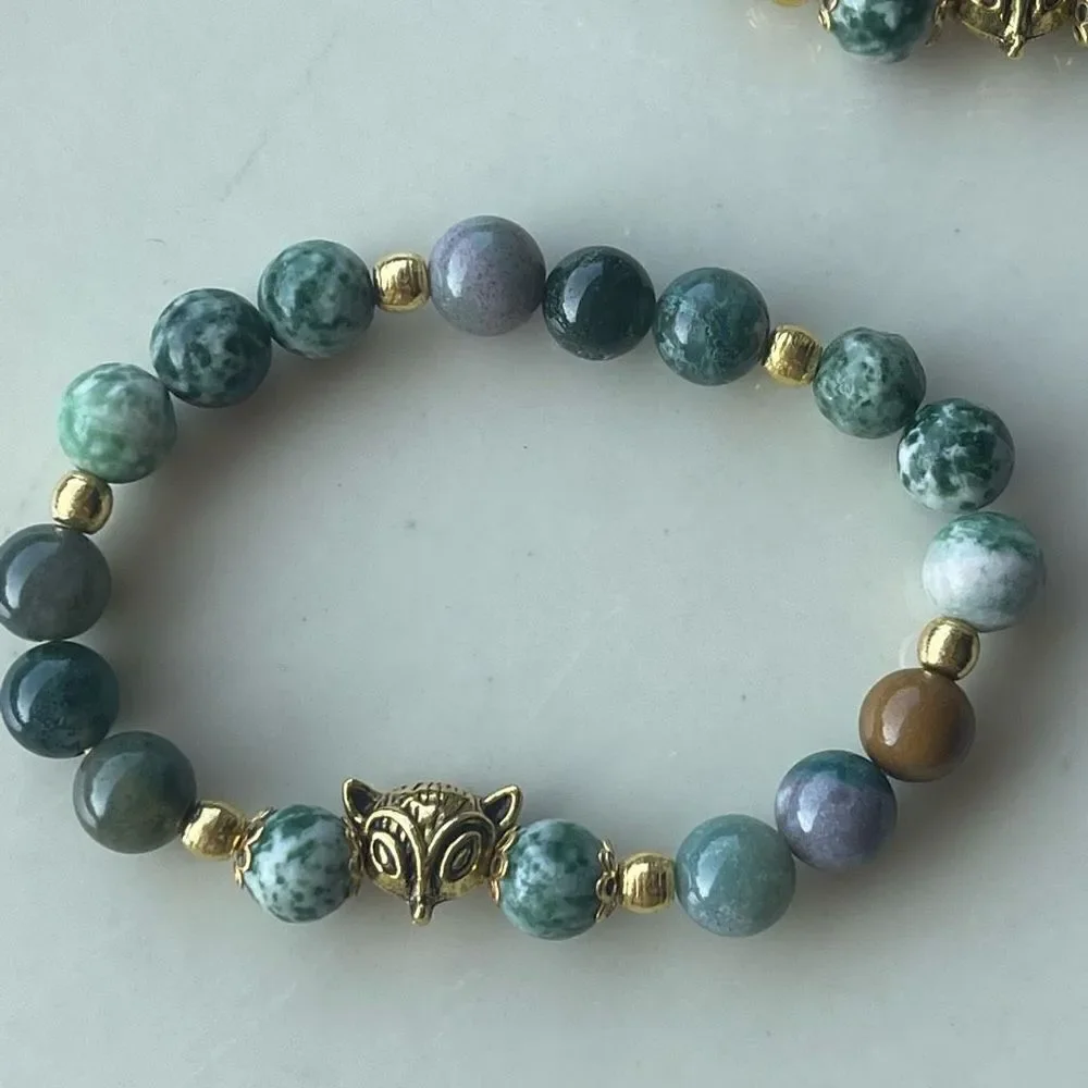 Tree agate dendritic India agate fox head face ONE stretch bracelet NEW reiki me